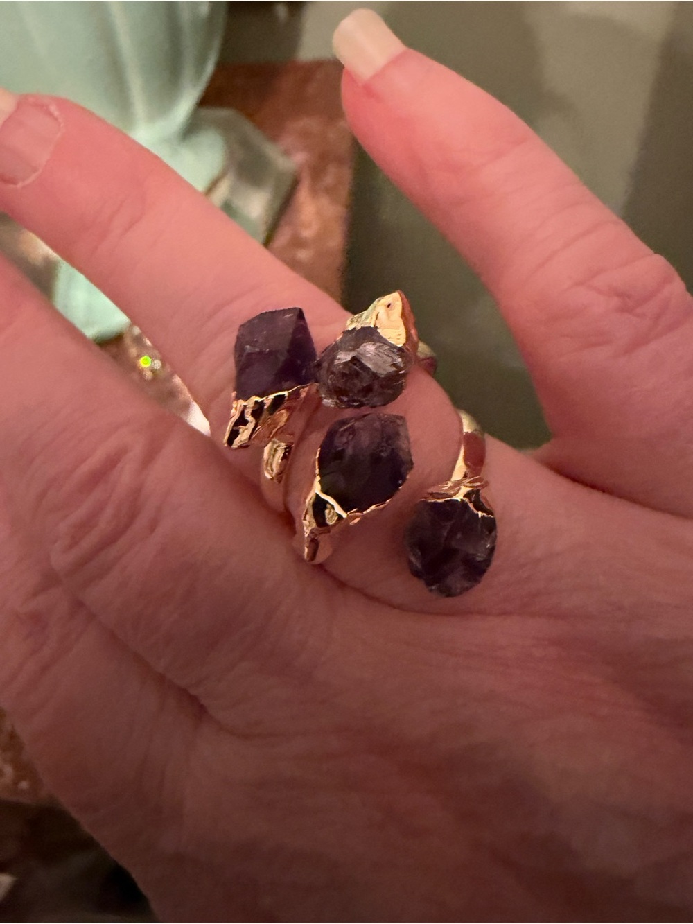 Gold-Tone Adjustable Ring with Raw Amethyst Stones - Women Jewelry